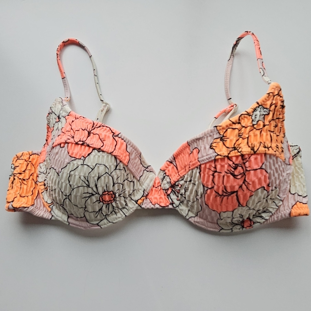 Triangl Swimwear Bikini Top Orange Floral Scrunched Underwire Bra Top